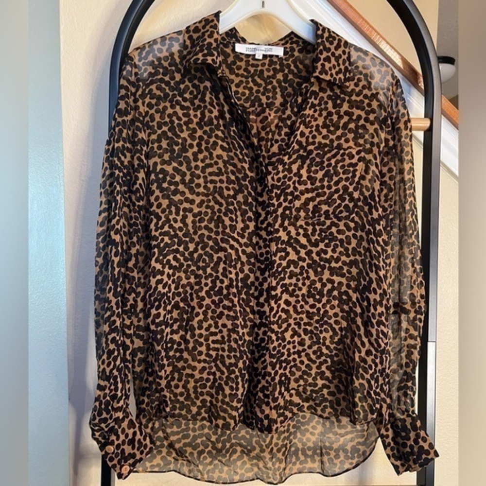 Diane Von Furstenburg Animal Print Sheer Top Size 2
